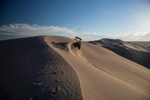 A dune buggy races down a sandy hill in a desert landscape under a clear blue sky.