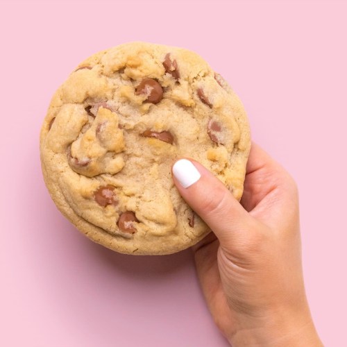 A hand holding a large chocolate chip cookie against a pink background.