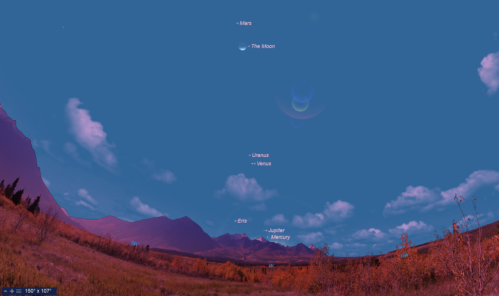 A clear blue sky with planets labeled: Mars, The Moon, Uranus, Venus, Eris, Jupiter, and Mercury above a mountain landscape.