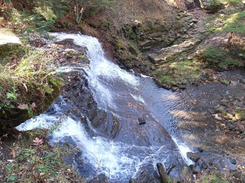 A serene waterfall cascading over rocky terrain, surrounded by lush greenery and autumn leaves.
