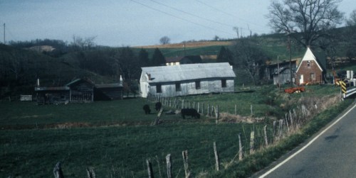 A rural landscape featuring a farmhouse, barn, and grazing cows, with a winding road and distant hills.