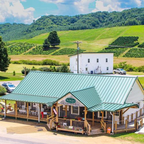 A quaint building with a green metal roof, surrounded by lush hills and fields, featuring a porch and American flags.