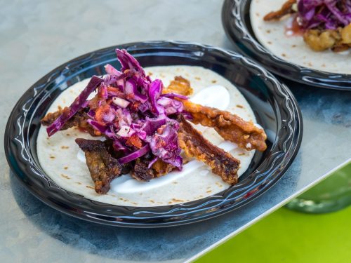 A plate with a tortilla topped with crispy strips, purple cabbage, and a creamy sauce.