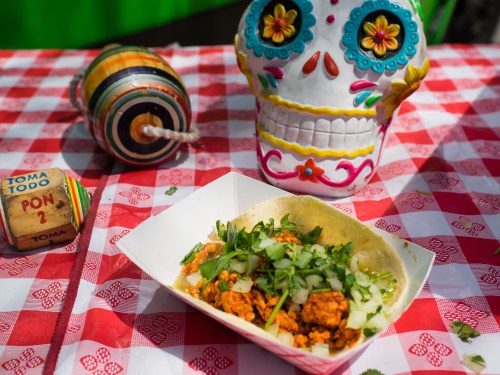A colorful sugar skull beside a taco topped with cilantro and onions on a red checkered tablecloth.