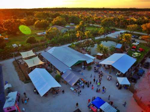 Aerial view of a lively outdoor event with tents, people, and a pond, set against a sunset and suburban backdrop.