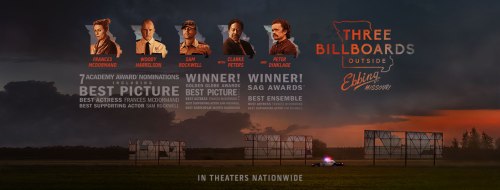 Promotional image for "Three Billboards Outside Ebbing, Missouri," highlighting awards and cast members.