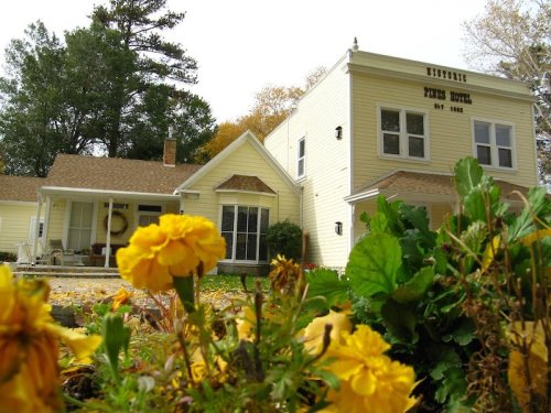 A yellow house with a sign reading "Pine House," surrounded by colorful flowers and trees in the background.