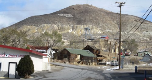 Frontier buildings built into the mountains in Nevada