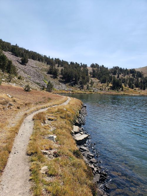 A winding dirt path along a serene lake, surrounded by grassy banks and distant hills under a clear blue sky.