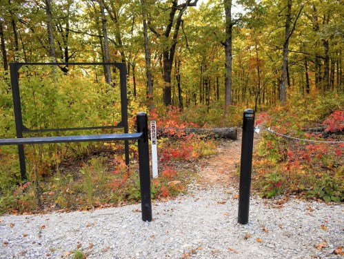 A gravel path leads into a colorful forest with autumn foliage, framed by black posts and a sign.