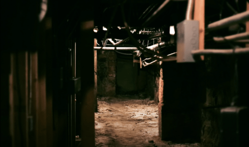 Dimly lit basement corridor with exposed pipes and stone walls, creating a mysterious atmosphere.
