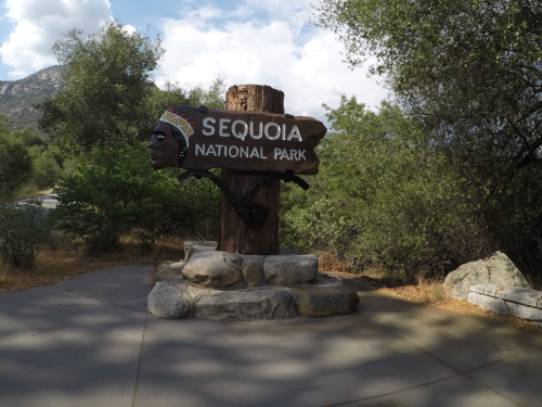 Sign for Sequoia National Park featuring a carved head and surrounded by trees and rocky terrain.
