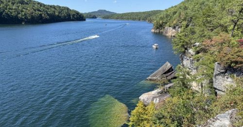 Views from an overlook of boats on Summersville Lake, the largest lake in West Virginia.