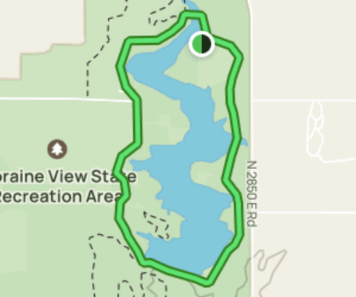 Map outline of a lake within the Moraine View State Recreation Area, marked with a green boundary.