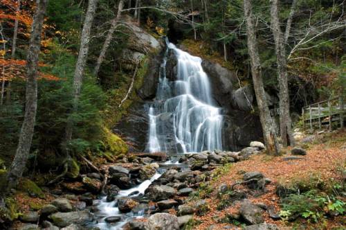 A serene waterfall cascades down rocky terrain, surrounded by lush trees and autumn foliage.