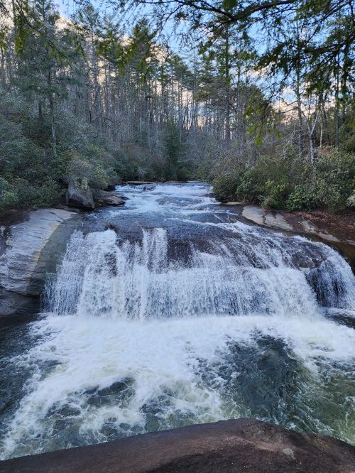 A serene waterfall cascades over rocks, surrounded by lush greenery and trees in a tranquil natural setting.