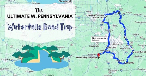 Map of a road trip route in Western Pennsylvania, highlighting waterfalls, with travel time and distance noted.