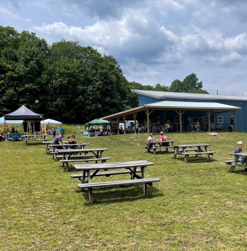 Outdoor gathering with picnic tables, tents, and a building under a cloudy sky, surrounded by greenery.