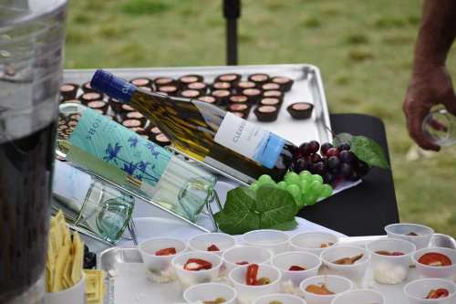 A table display featuring wine bottles, grapes, and small cups of assorted appetizers.