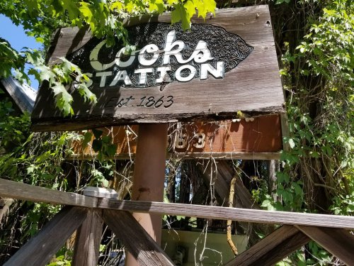 A weathered wooden sign for "Cooks Station" partially obscured by green vines and foliage.