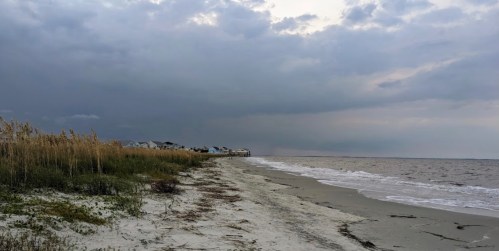 A sandy beach with tall grass, under a cloudy sky, and gentle waves lapping at the shore.