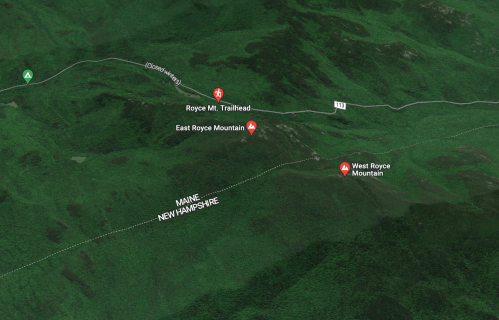 Map showing Royce Mountain trailheads in Maine and New Hampshire, with marked locations for East and West Royce Mountains.