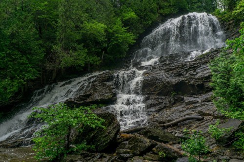 A cascading waterfall flows over rocky terrain, surrounded by lush green trees and foliage.