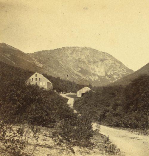 A vintage landscape featuring a dirt road leading to two houses, surrounded by mountains and dense vegetation.