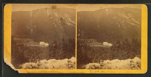 A vintage stereoscopic image of a mountainous landscape with a building nestled among trees.