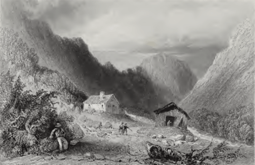A black and white landscape depicting a rural scene with a house, barn, and figures in a mountainous setting.