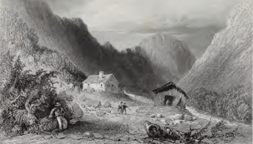 A black and white landscape depicting a rural scene with mountains, a house, and figures in a valley.