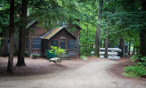 A rustic cabin surrounded by trees, with a sandy path leading to canoes and a picnic area nearby.
