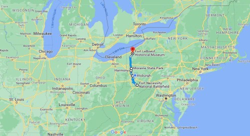Map showing locations in the northeastern United States, including Fort LeBoeuf Historical Museum and Moraine State Park.