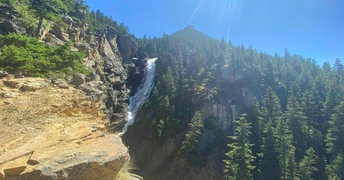 A scenic waterfall cascading down rocky cliffs, surrounded by lush green trees under a clear blue sky.