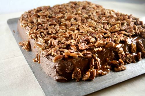 A square chocolate dessert topped with a generous layer of pecans, resting on a metal tray.