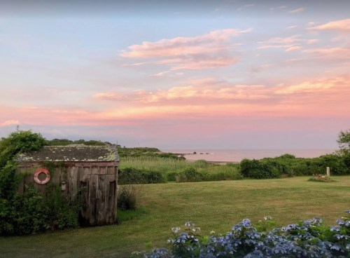 A serene coastal scene featuring a weathered shed, lush greenery, and a colorful sunset over the calm ocean.