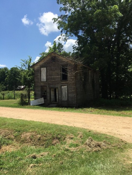 Abandoned wooden house with boarded windows, surrounded by greenery and a dirt path under a blue sky.