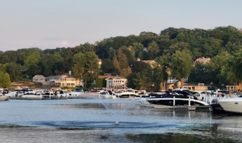 A serene marina with boats docked, surrounded by lush greenery and hillside homes under a clear sky.