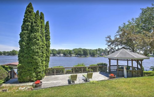 Scenic lakeside view with a wooden deck, gazebo, and lush greenery under a clear blue sky.