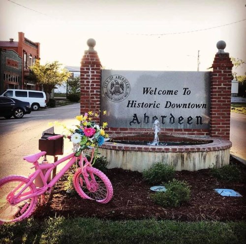 A pink bicycle with flowers stands beside a stone sign welcoming visitors to Historic Downtown Aberdeen.