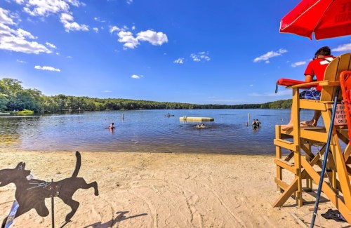 A sandy beach by a lake with swimmers, a lifeguard on duty, and a dog silhouette sign in the foreground.