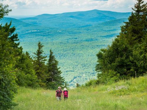 Two hikers walk down a grassy trail, surrounded by lush green trees and a panoramic view of rolling hills in the distance.