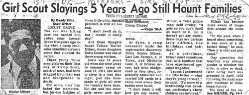 Newspaper article discussing the Girl Scout slayings in Locust Grove, Oklahoma, five years prior, featuring Walter Milner.