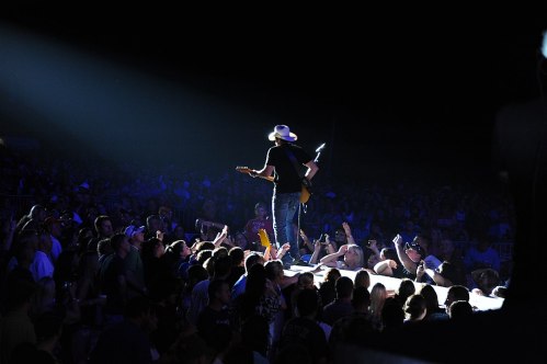 A musician in a cowboy hat performs on stage, illuminated by a spotlight, with a cheering crowd in the foreground.