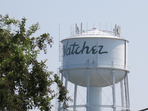 Water tower with the word "Natchez" painted on it, surrounded by greenery and a clear blue sky.