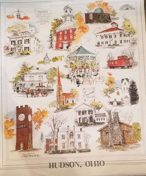 Illustration of Hudson, Ohio, featuring historic buildings, a gazebo, a clock tower, and autumn foliage.