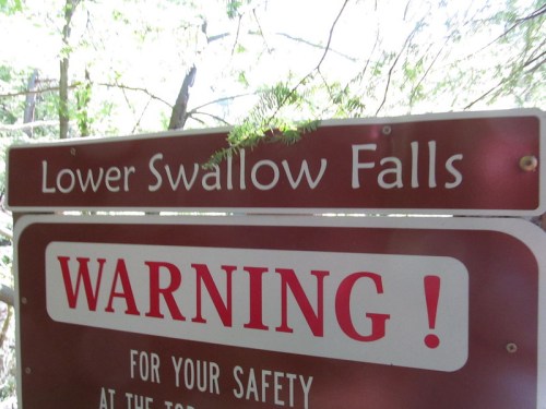 Sign for Lower Swallow Falls with a warning about safety at the top of the falls, surrounded by greenery.