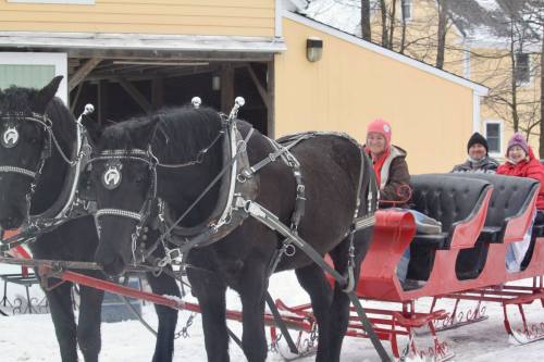 A horse-drawn sleigh with two black horses, carrying passengers in winter attire, surrounded by snow and a yellow building.