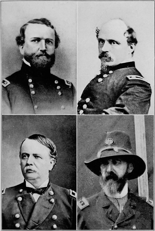 Four historical portraits of men in military uniforms, featuring beards and various facial expressions.
