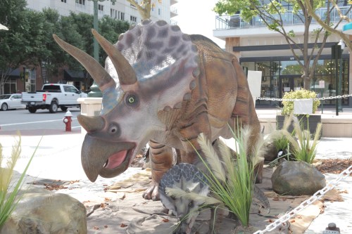 A life-sized dinosaur sculpture of a triceratops surrounded by plants and rocks in an urban setting.
